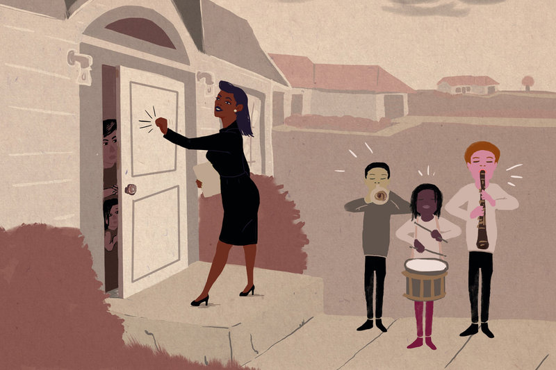 A drawn image of a lady knocking on a door while kids play instruments on the lawn.